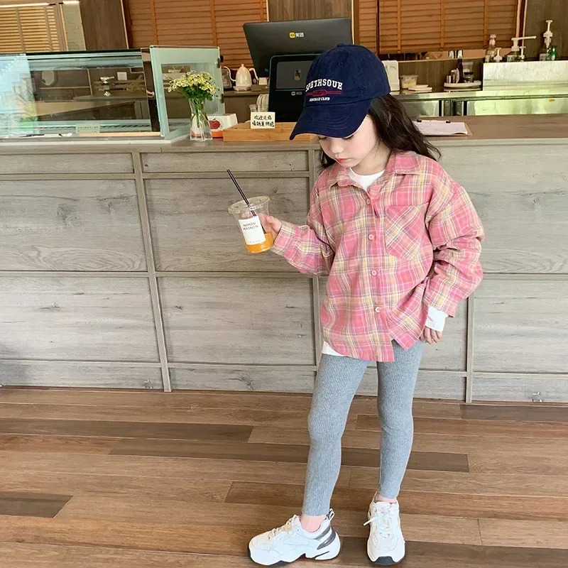 Girls Shirts 2024 Autumn New Childrens Clothing Korean Style Baby Girl Foreign Style Thin Pink Lapel Plaid Shirt Casual Simple