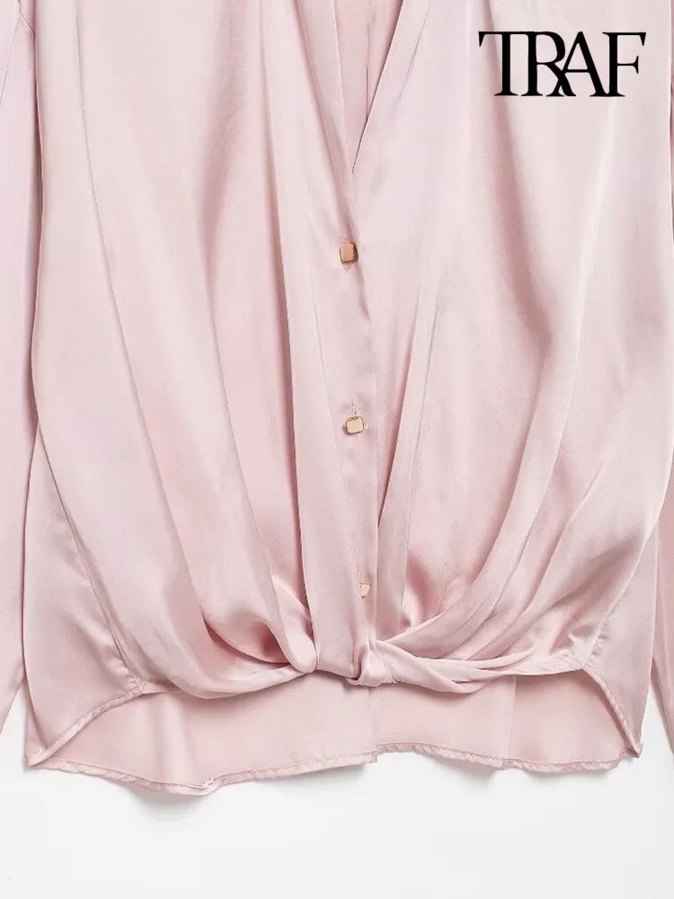 TRAF-With Knot Satin Flowing Loose Shirts for Women, Long Sleeve, Front Button, Female Blouses, Chic Tops, Fashion