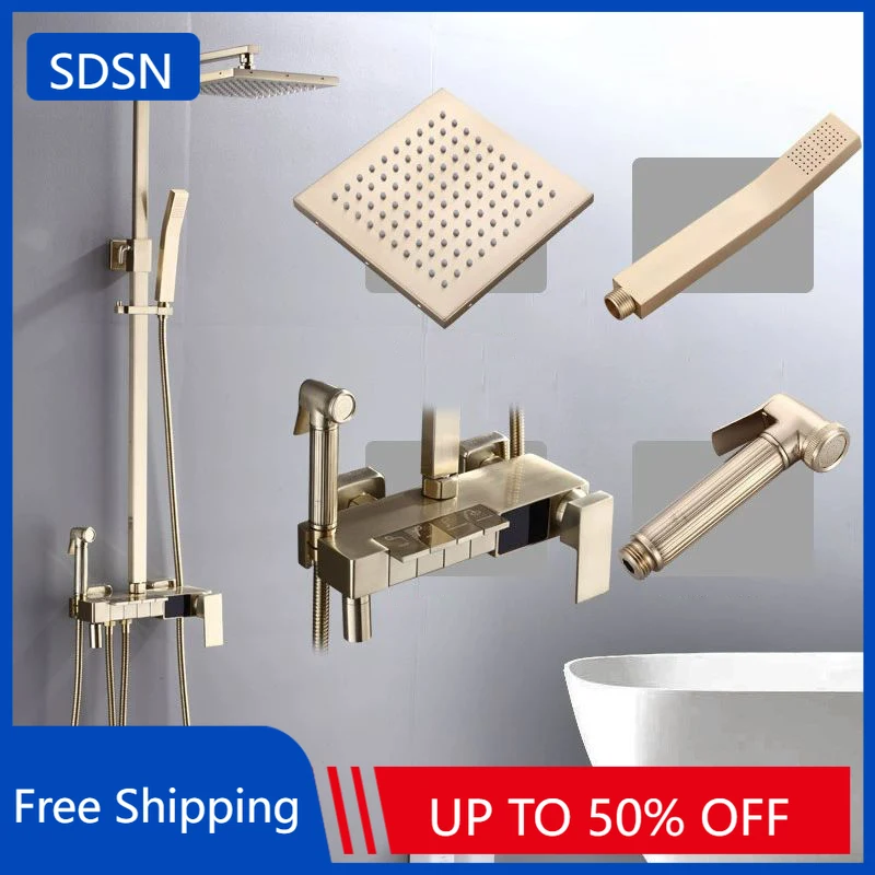 Sistema de ducha de baño Digital de Piano, grifo mezclador de baño de latón, cabezal de ducha de lluvia, juego de ducha Digital termostático de Oro pulido