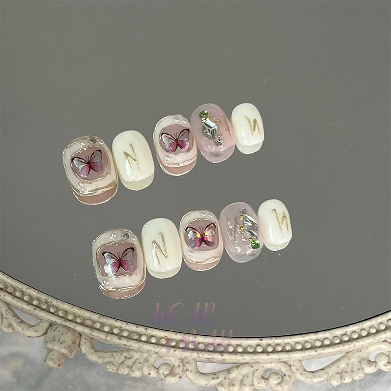 10pcs Ballet White Handmade Wearable Short Press on Nails Hollow Out Butterfly False Nails Reusable Charm Artificial Art Tips