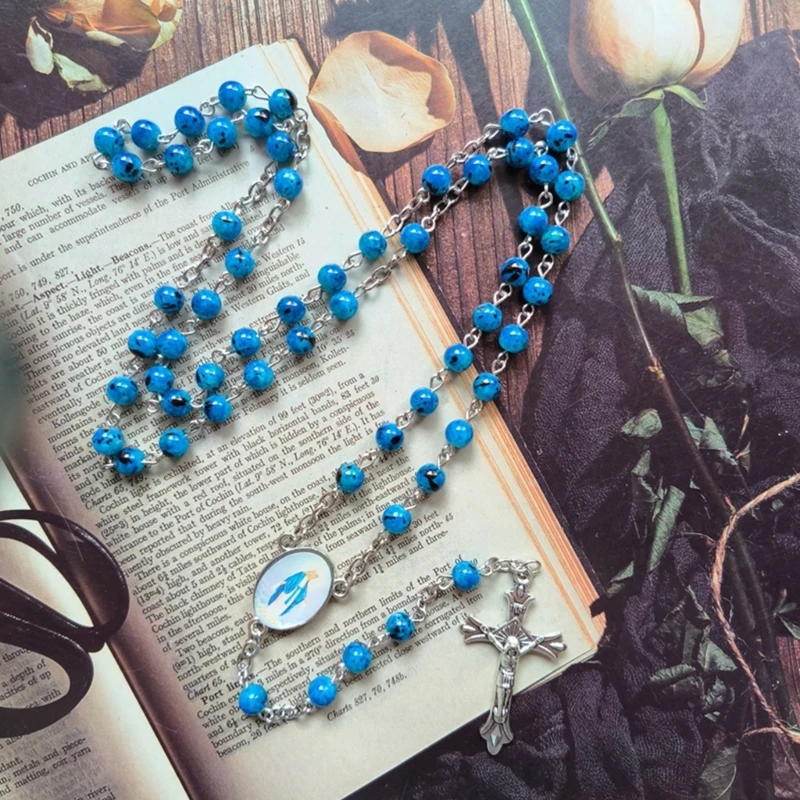 Vintage Glass Sapphires Blue Bead Necklace Religious Cross Pendant Rosary Necklace Christian Prayer Jewelry Baptism Gift 87HA