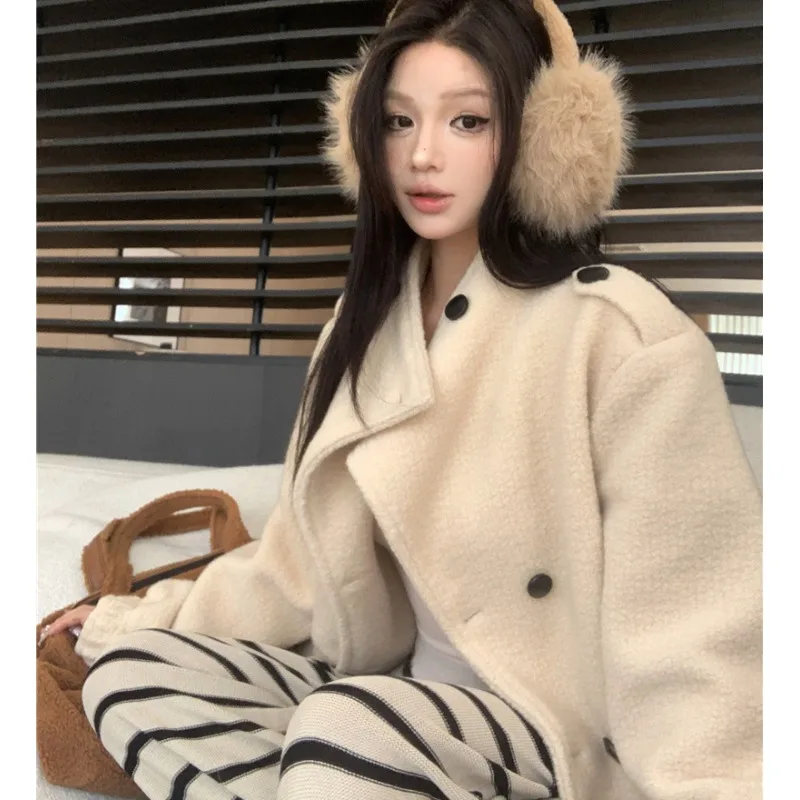 

Women's Plu Double Row ort Lamb Fur Jaet Cotton Inserted Outerwear Warm Gentle Trendy Korean Sle Long Sve Coat
