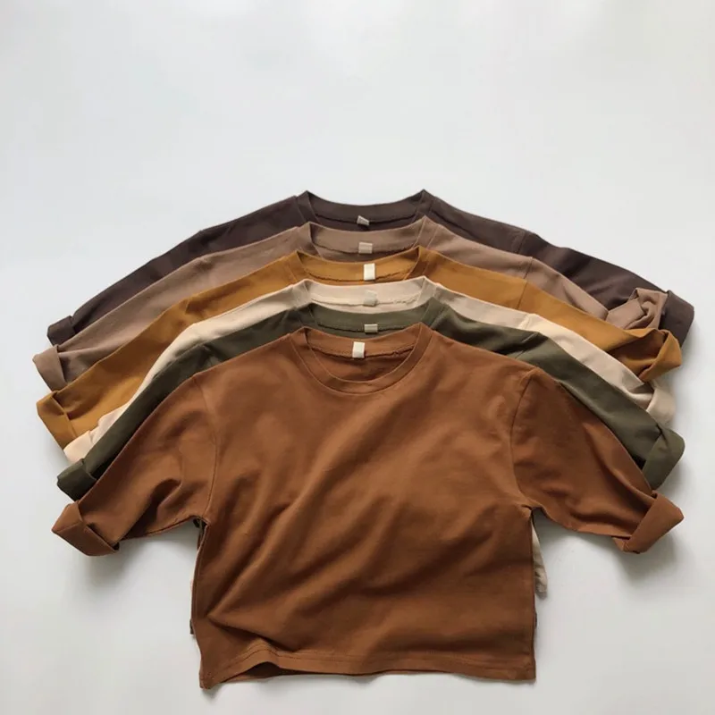 Korean Style Children Cotton T-shirts 2026 Spring New Solid Color Unisex Kids Loose Long Sleeve Tees