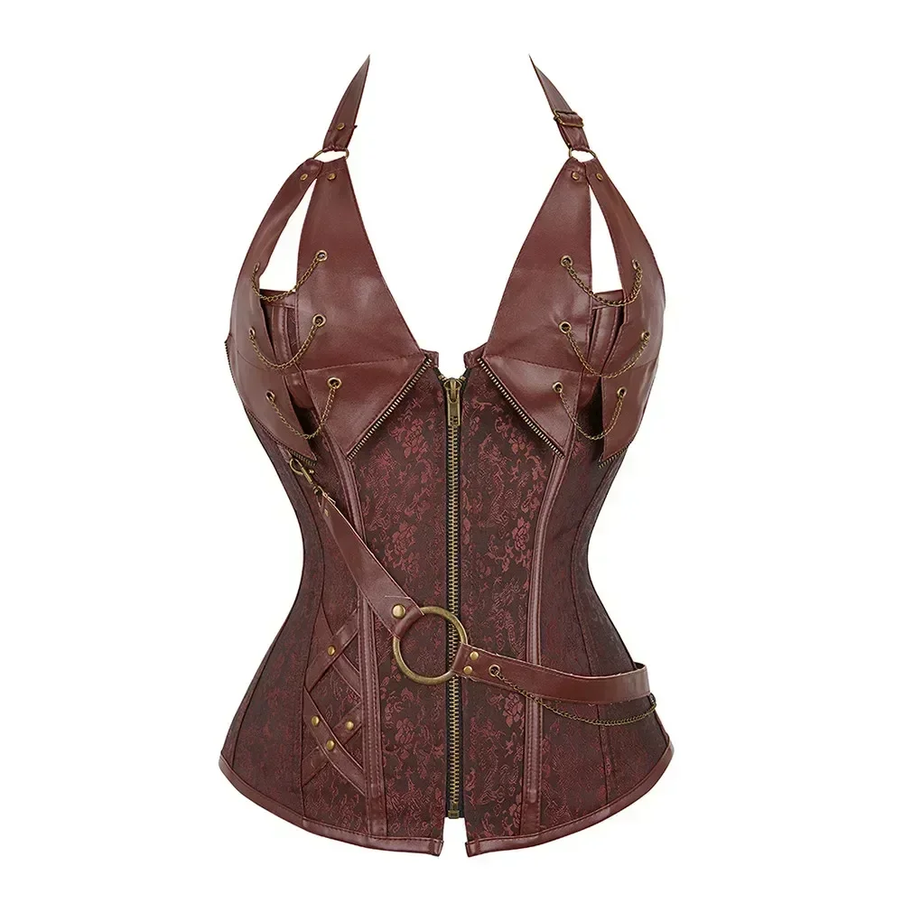 

Straps Leather Corset Steampunk Pirate Lingerie Burlesque Gothic Overbust Bustier Top Vintage Women Black Brown Plus Size