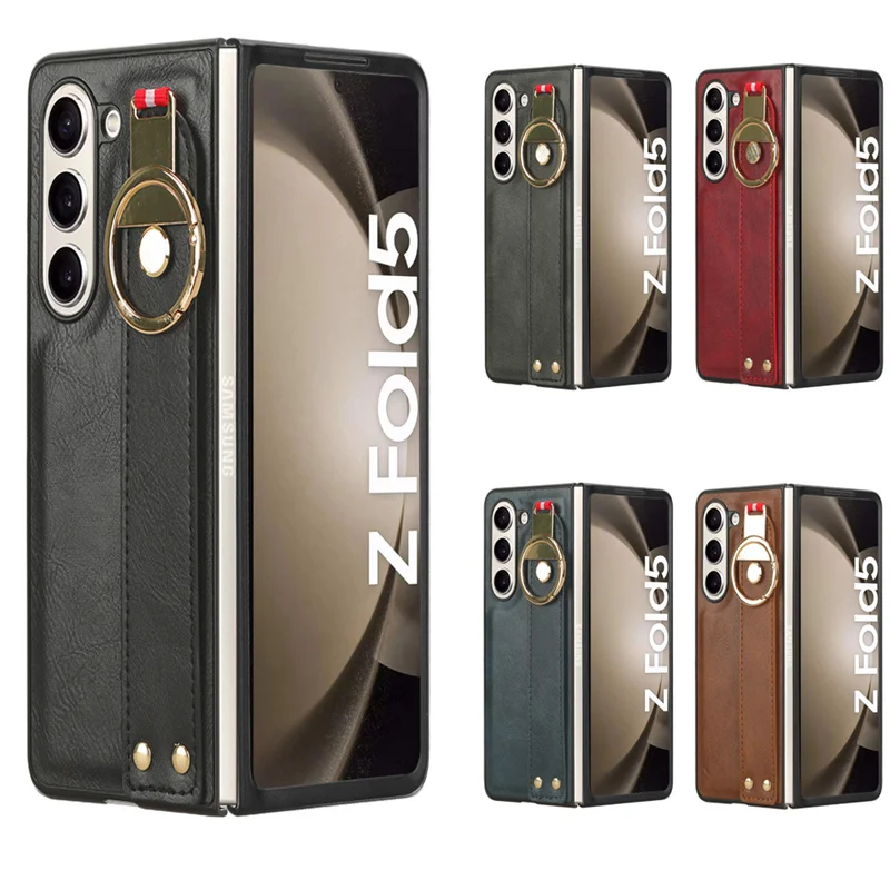 For Samsung Galaxy Z Fold 5 5G Shockproof Wristband Ring Bracket Back Cover For Samsung Z Fold5 Protective Leather Phone Case