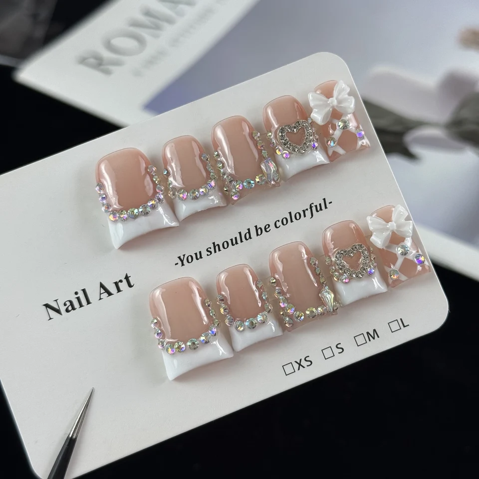 10 pzas Uñas postizas de lujo, serie nude, con moños tridimensionales, corazones y piedras brillantes, hechas a mano 2
