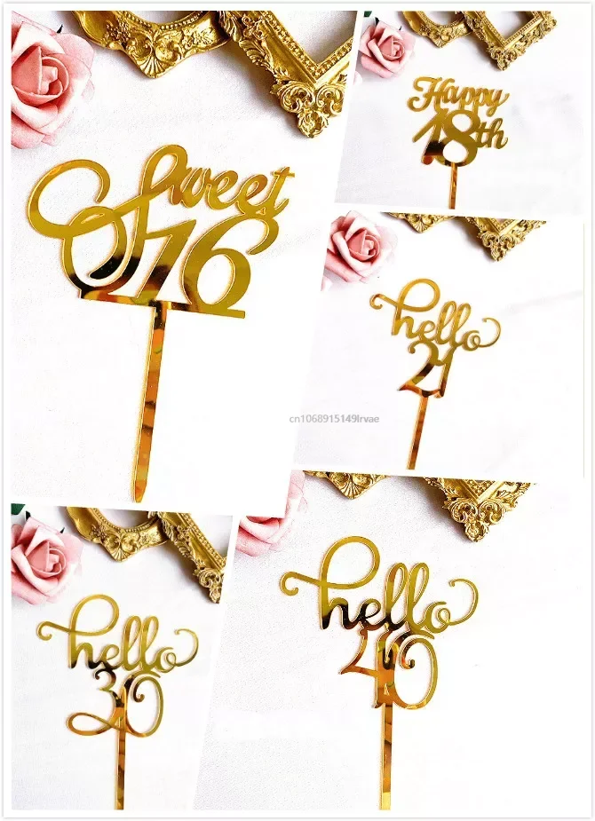 Gold Acrylic Happy Birthday Cake Topper Sweet16 20th 30th 40th 50th 60th Special Age Birthday Party Cake Decoration Supplies