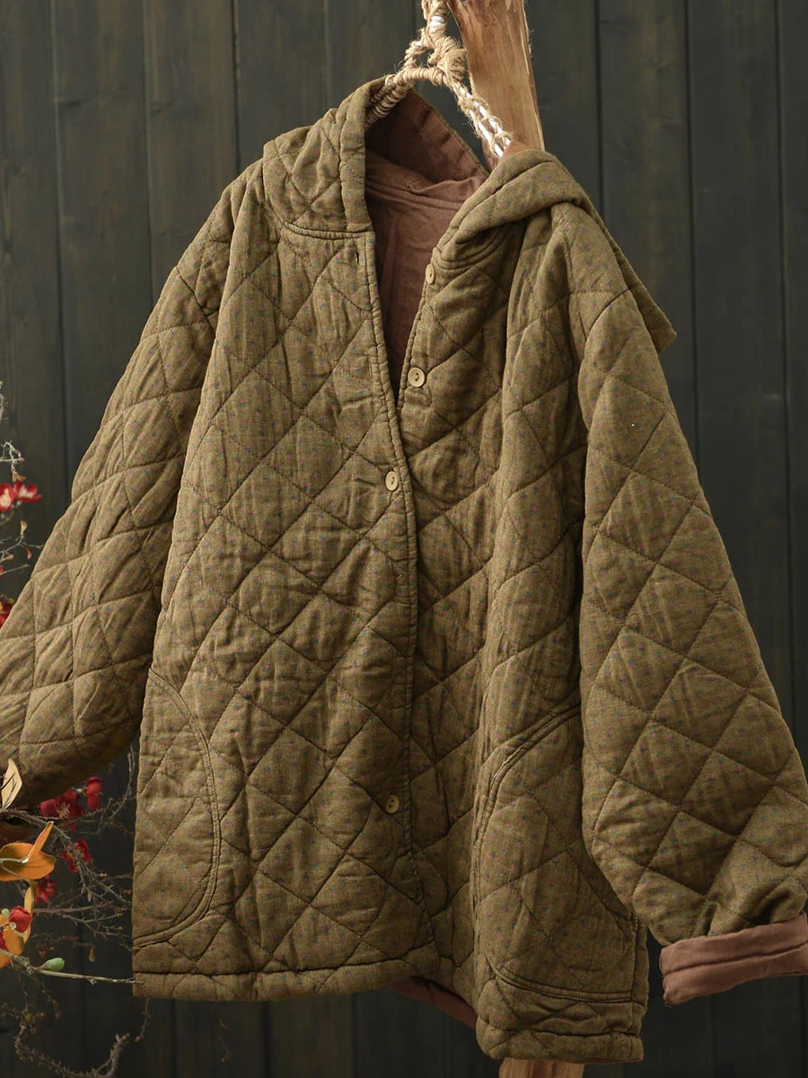 

Thickened Cotton Jacket with Floral Print for Women Winter New Style Loose Coat with Hood And Single Button Design Commute Style