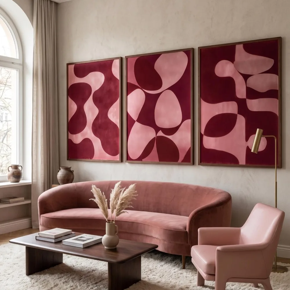 3pcs Frameless Pink and Burgundy Abstract Art,Modern Minimalist Organic Shapes,Crimson Fluid Wall Decor,Wall Digital Printing