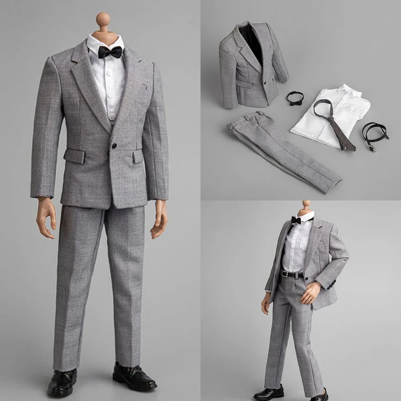 1:6 Male Gray Suit Model Shirt Trousers with Tie Clothes Set Leather Shoes Hollow Accessory For 12'' Soldier Action Figure Toys