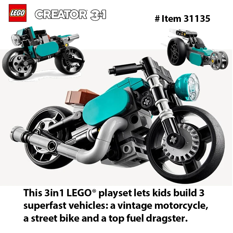 LEGO 31135 Creator 3 in 1 Vintage Motorcycle Set, Vehicle Building Toys, Great Gift for Boys, Girls, and Kids 8 Years Old and Up