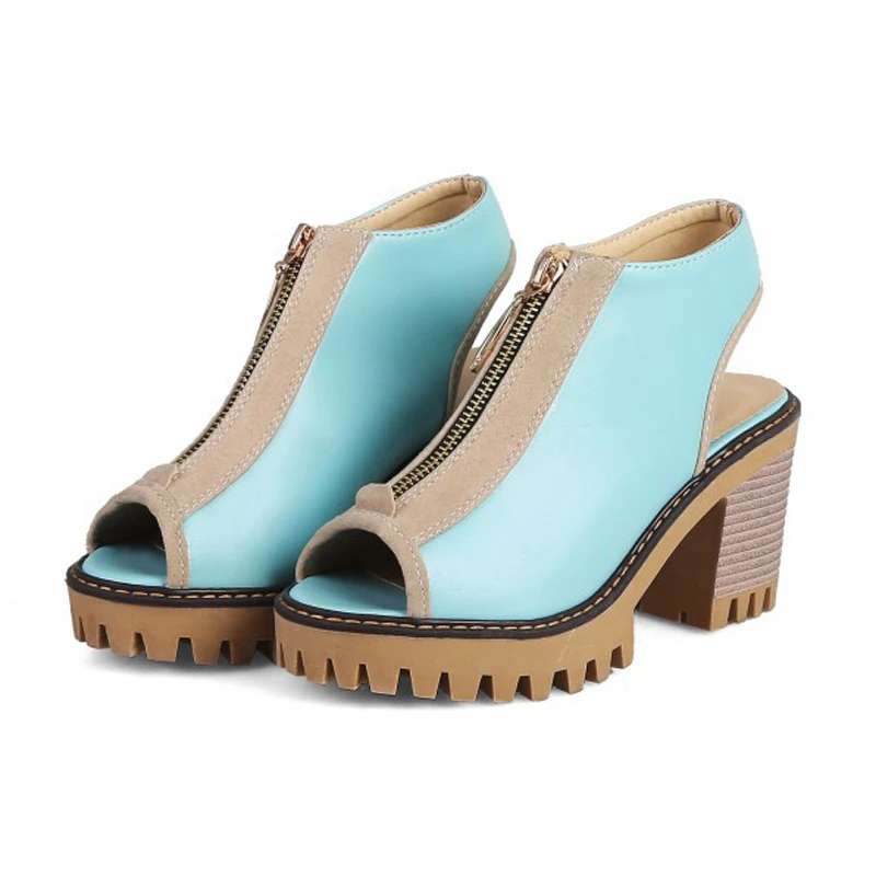 Front Zipper Design Peep Toe Women Sandals High Heels Color Blocking Summer Female Lady Platform Shoes zapatos de mujer WSH5654