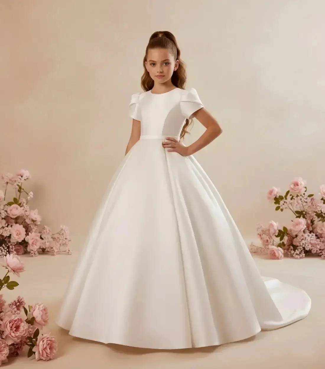 

Classic White Satin Flower Girl Dress For Wedding Short Sleeve With Bow Kids Birthday Party First Communion Gown Custom