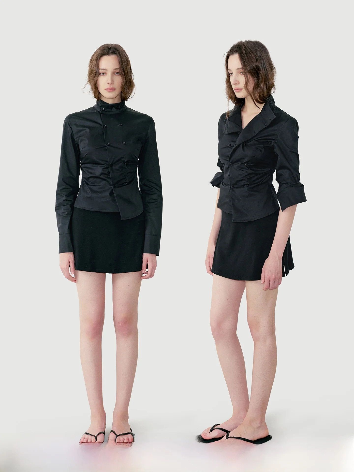 

AHNKANK Оригинальный дизайн, асимметричная приталенная рубашка с двумя пуговицами, осенне-зимняя новинка, черный топ, весенняя коллекция, женская одежда