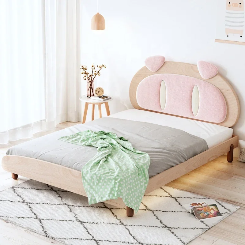 Para muebles modernos para niños, cabecero con diseño de dibujos animados de cerdo divertido, cama de madera maciza, cama de casa para niños