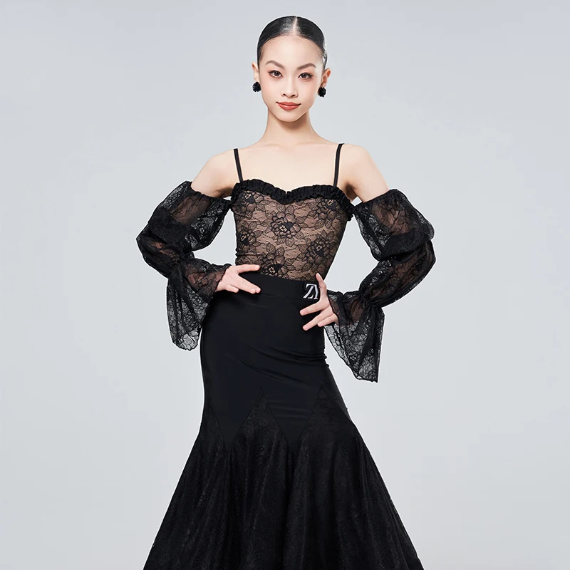 Girls Ballroom Dance Suit Off Shoulder Mesh Top Skirt Chacha Rumba Samba Practice Clothes Latin Wear Competition Dress DQL10497
