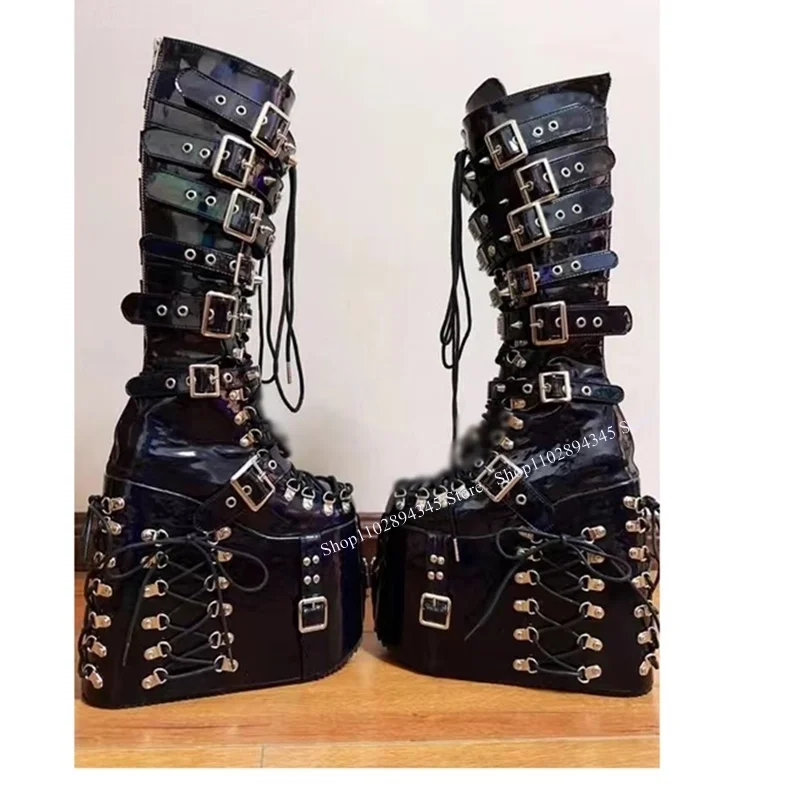 Black Rivet Lace Up Knee High Boots Wedge Platform Buckle Fashion Sexy 2024 Winter Big Size Woman Shoes Zapatillas Mujer