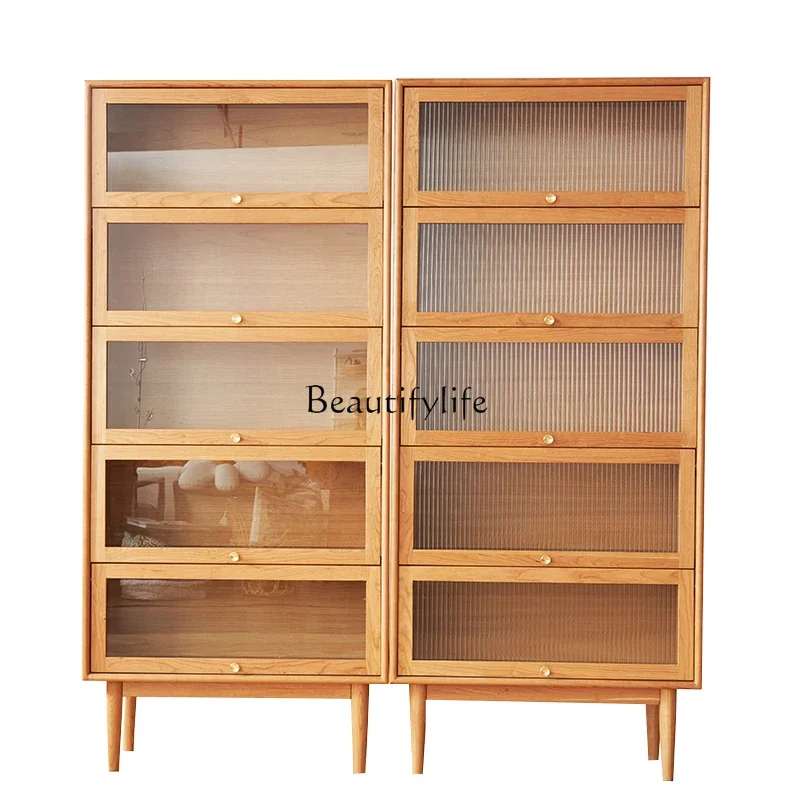 

1Nordic Modern Minimalist Solid Wood Flip Door Glass Wine Cabinet Home Study Floor Bookshelf