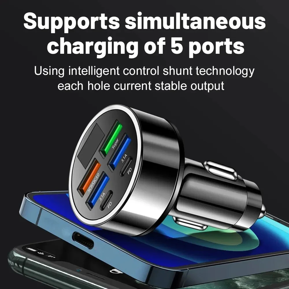 Car Charger Fast Charging PDOC3.0USBC 6-port Mobile Phone Charger Type C Car Adapter for iPhone Samsung Huawei Xiaomi