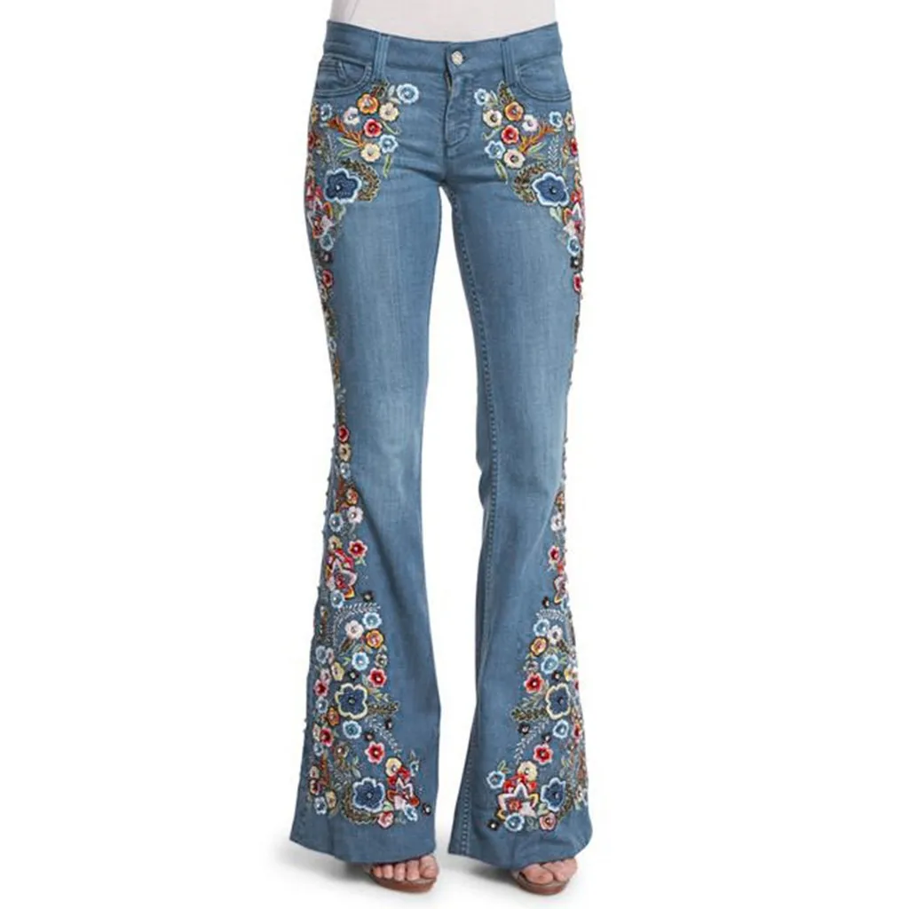 

american retro colorful floral print flare demin pants women's fashion low waist slim jeans high-street causal autumn long pants