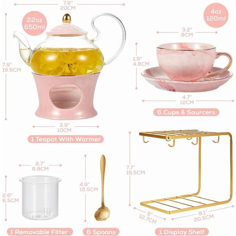 21 pcs Small Tea Set of 6, Gray Marble Texture with Handcraft Golden Trim, Fine Porcelain Tea pot Set for Kids&Adults