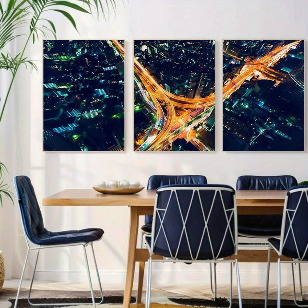 2D Flat 3pcs Unframed wall Canvas Print Wall Art Set Japan Aerial View of Highway in Shinjuku Tokyo Cityscape Cities Photogra