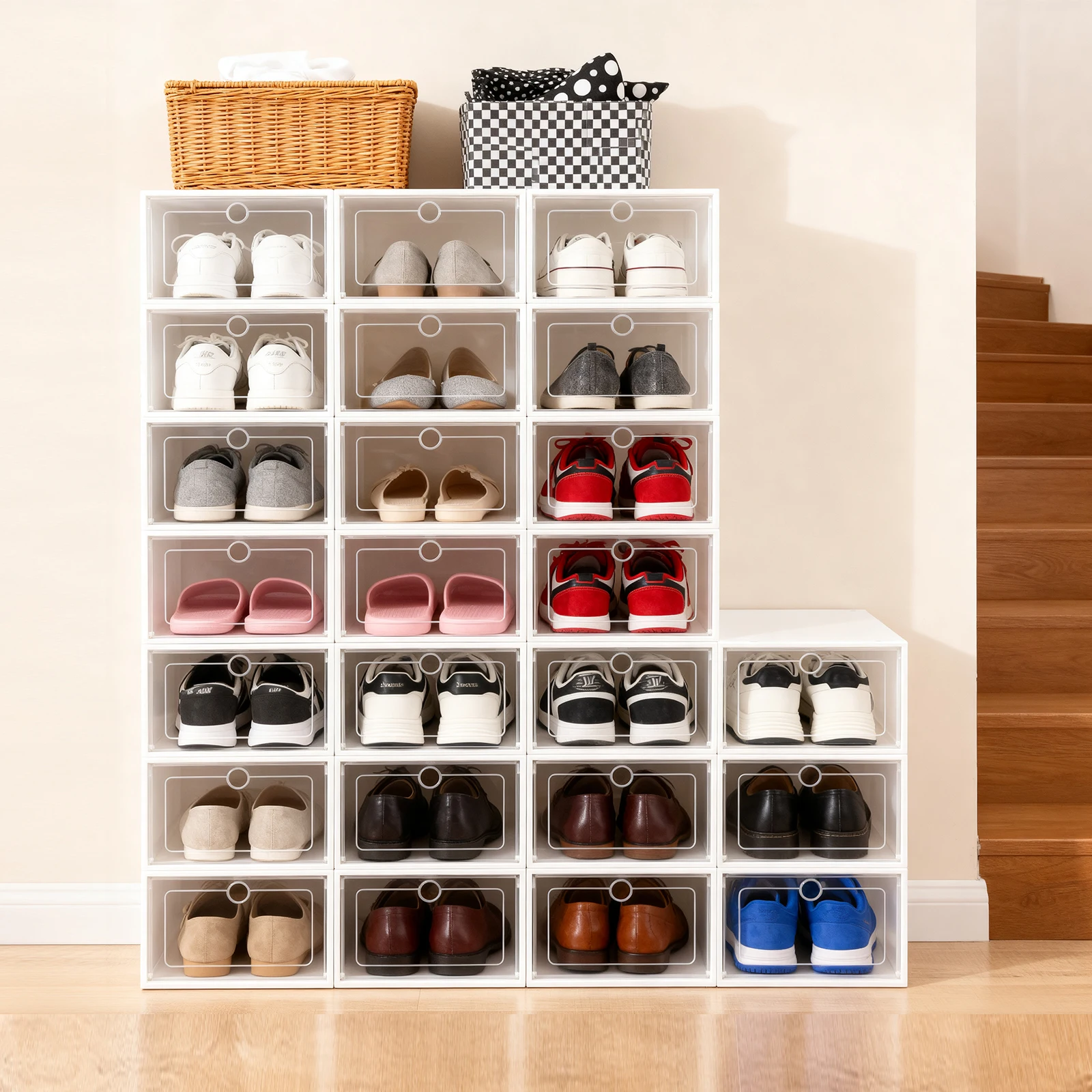 24 Pack Shoe Storage Boxes, Thickened PP+ABS Shoe Organizer with Clear Lid, Round Hole Design, Angel White Foldable & Stackable Dust Proof Box for Home, Doorway, Bedroom