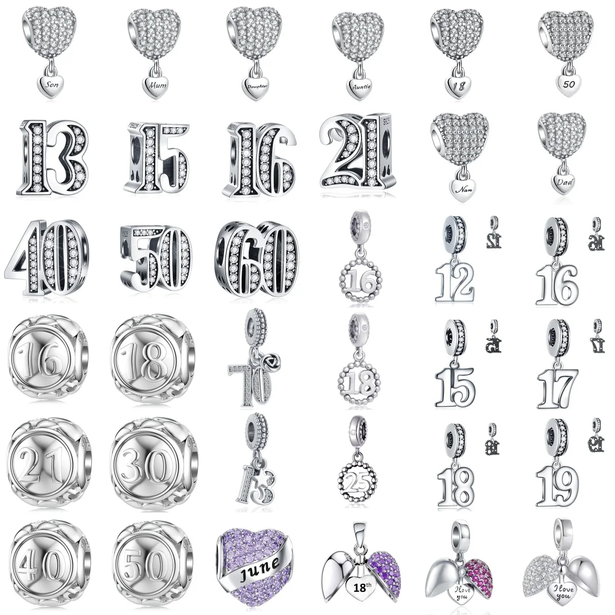 S925 Silver Rhinestone Number Dangle Beads Birthday Anniversary Heart Mom Dad Family Charm Bracelet Accessories Gift