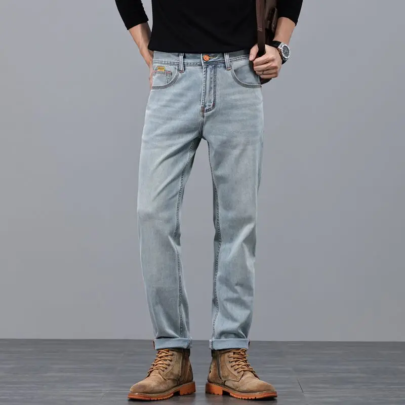 Men's Slim Fit Jeans Small Straight Leg High-quality Simple Pants American Style Big Cow Light Luxury Fit