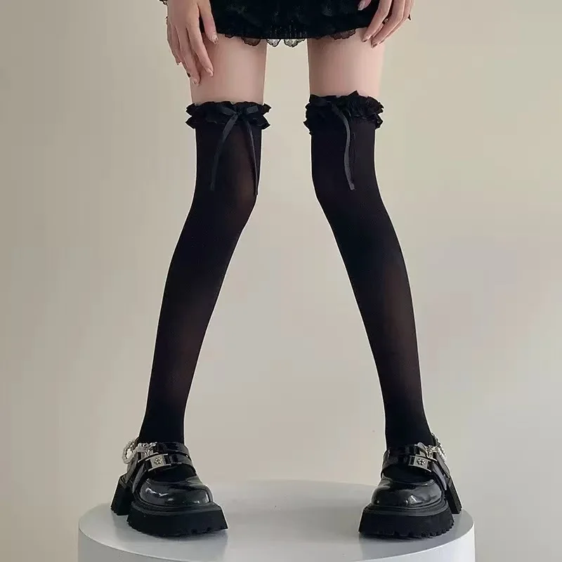 Image of Schwarze Schleifen für Damen, japanische Lolita-Kniestrümpfe, lange Socken, weiße JK-Strümpfe, sexy Spitzen-Overknee-Strümpfe, Kawaii-Strümpfe für Mädchen