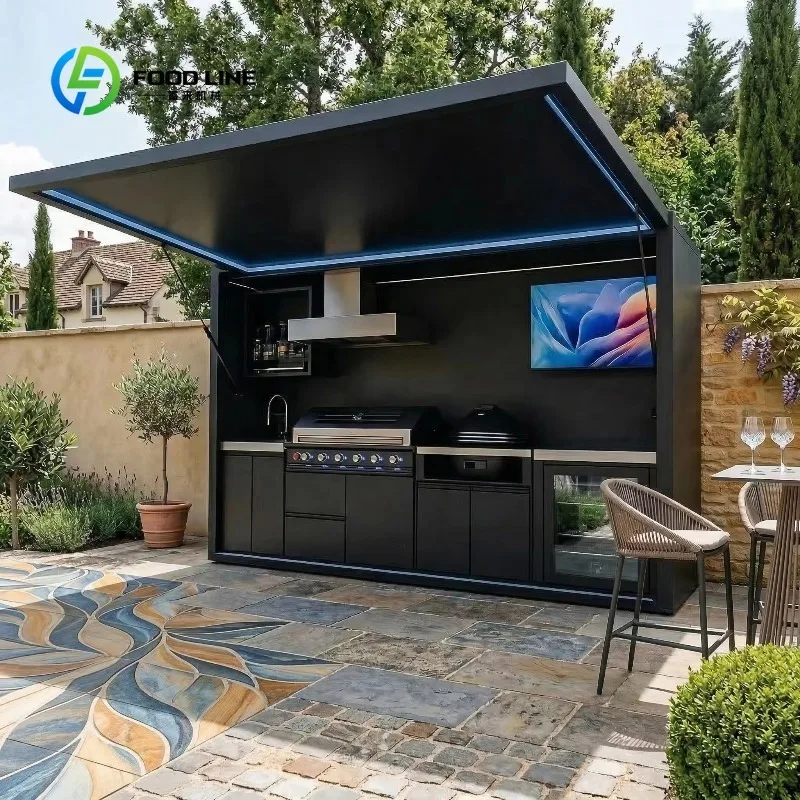 Wholesale Modular Liftable BBQ Island with Canopy Aluminum Waterproof Cupboard Sets Luxury Outdoor Kitchen