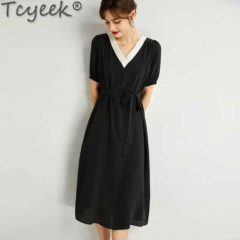 Tcyeek 100% Real Mulberry Silk Dress Summer Woman Clothes Elegant Dresses for Women 2024 French Black Dress Fashion Party Dress