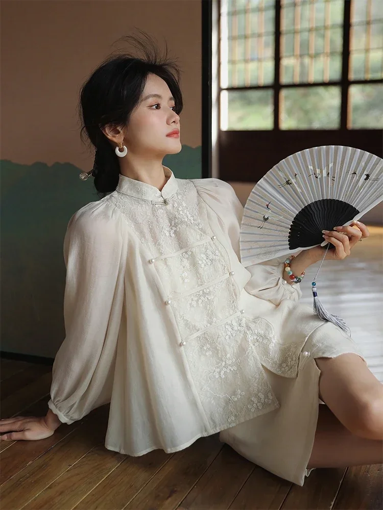 2Pc Sets Traditional Chinese Style Modern Lace Jacket Tang Suit White Green Top Suit Summer Women's Hanfu Blouse Half Skirt