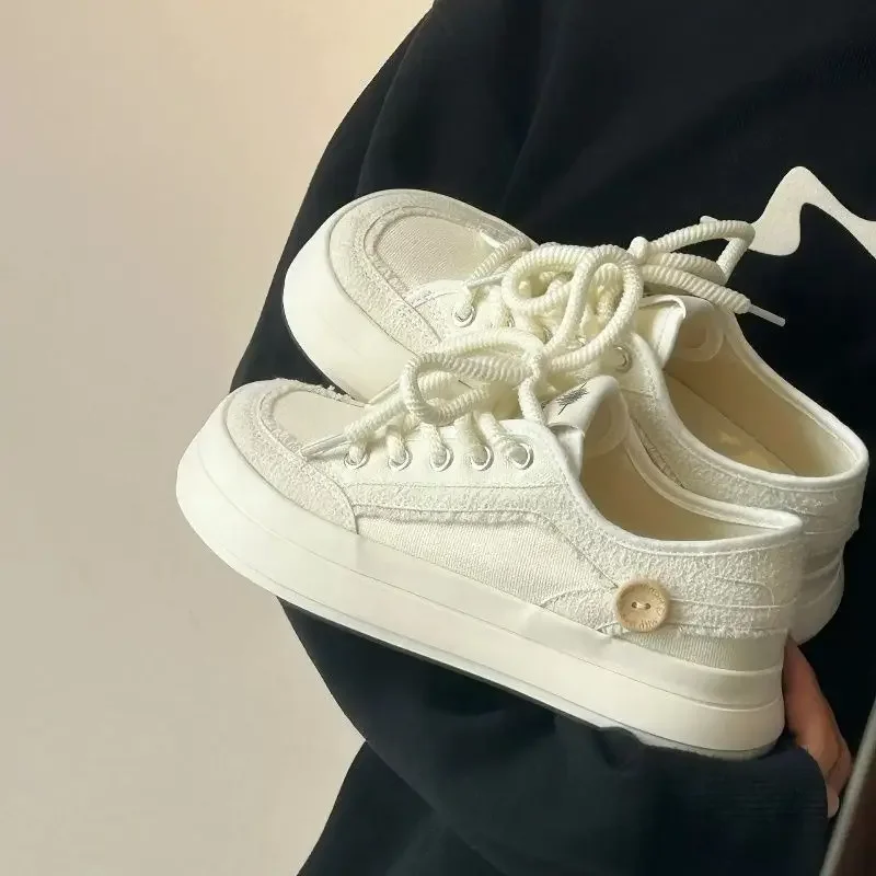 

Cute Fluffy White Canvas Sneakers Women 2025 New Thick Sole Breathable Platform Shoes Lightweight​