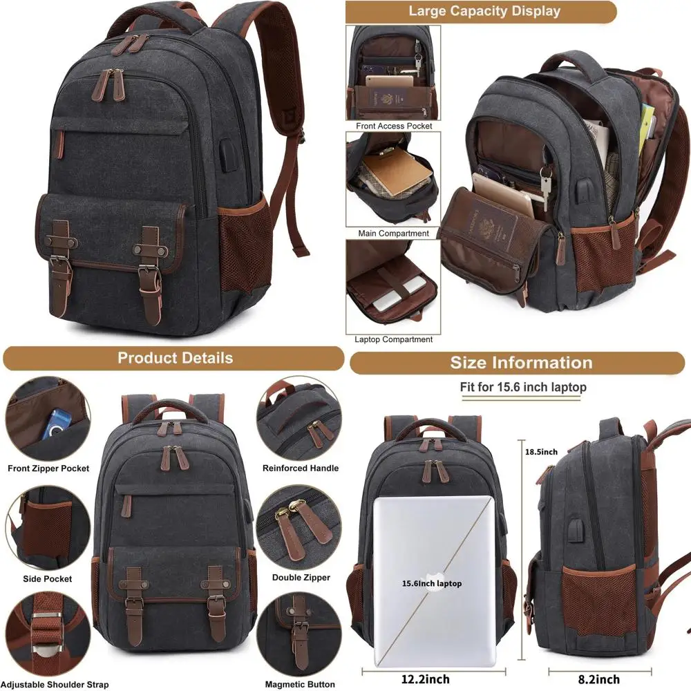 

15.6 Laptop Backpack with USB Port for Men & Women - Business, College, Travel (Black)