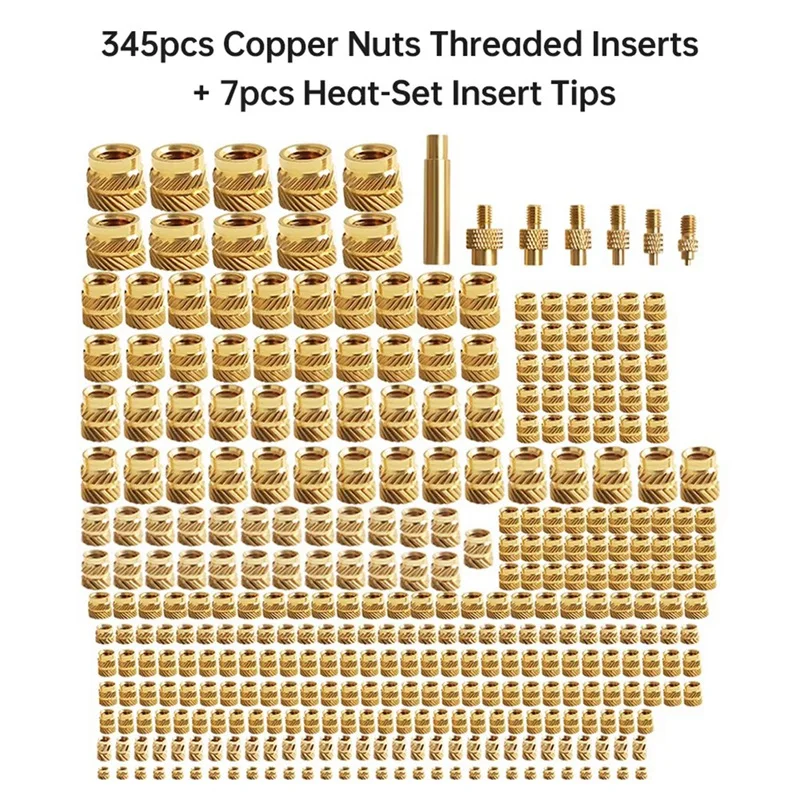 3D Printer Hot Melt Heat Knurled Embed Brass Insert Nut M2/M2.5/M3/M4/M5/M6 345Pcs W/7Pcs Heat-Set Insert Tip For VORON