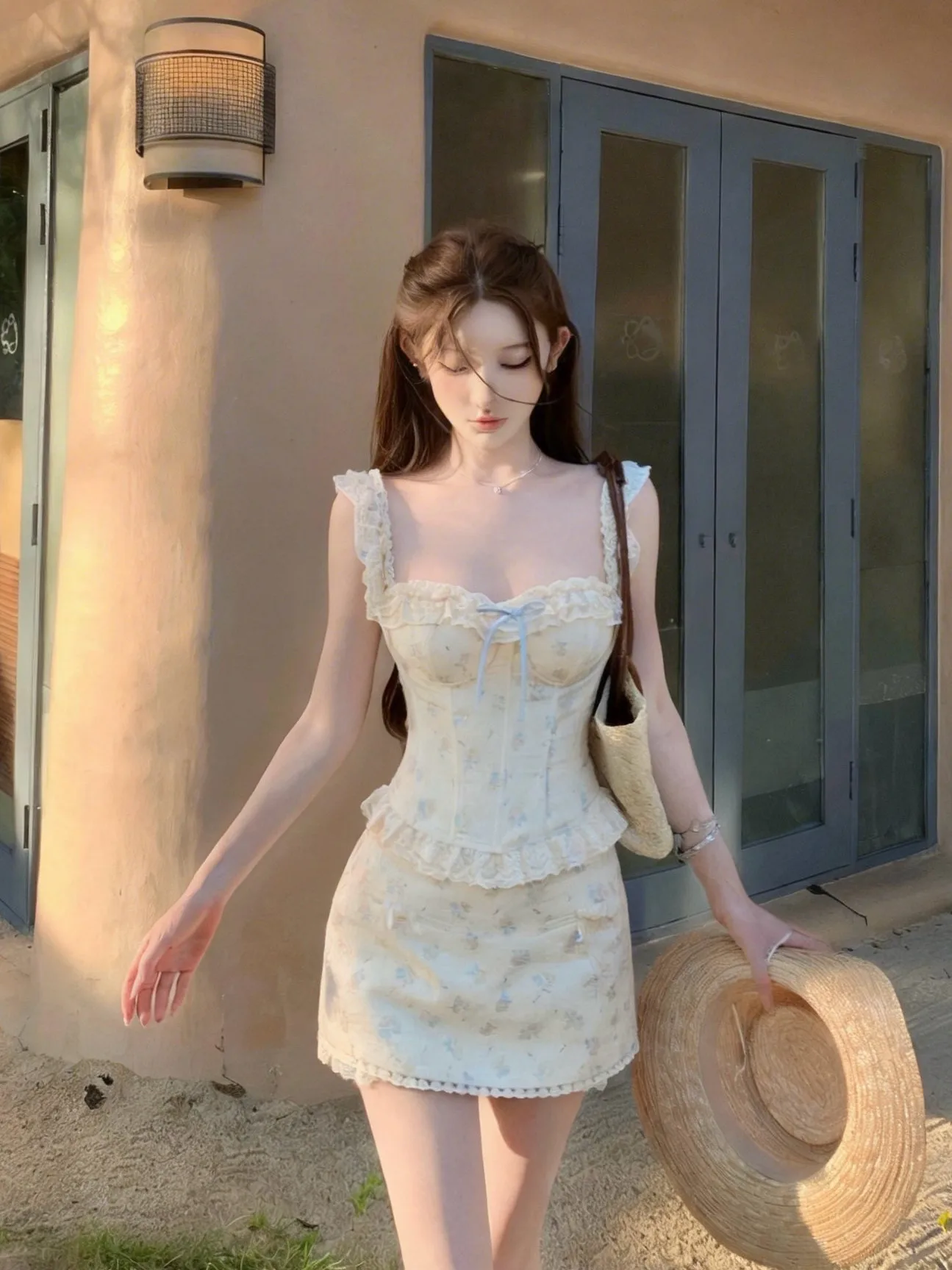 

Fashionable Orange Light Korean Style Yellow Flower Embroidery Color Block Short Skirt Sweet Set Women's Spring Outfit