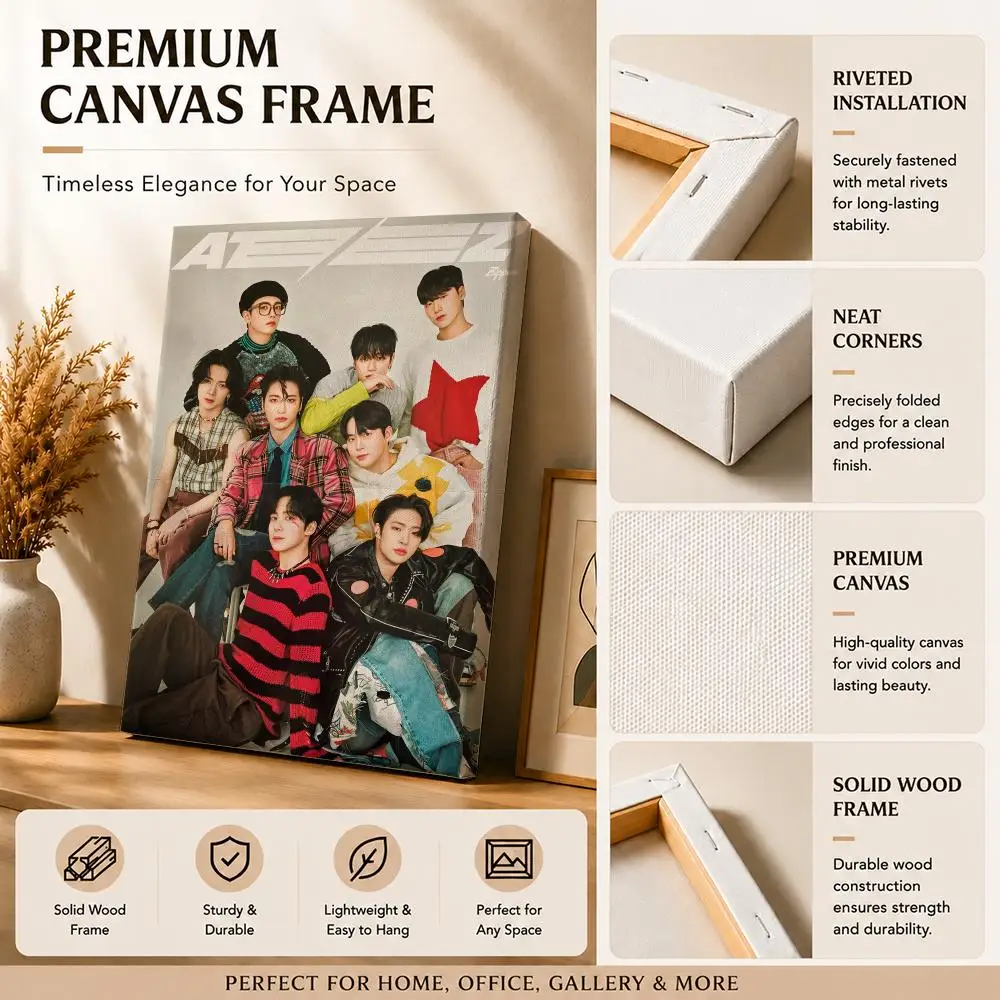 Kpop Boy Band A-ATEEZ Framed Wall Painting Canvas Art Poster with Solid Wood Frame for Living Room Home Decor
