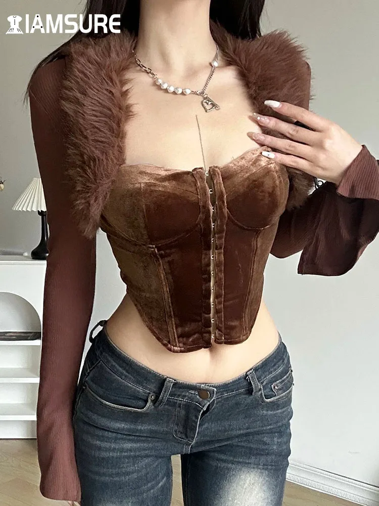 IAMSURE Sexy Patchwork Fur Trim Velvet Cropped T Shirt Vintage Solid Square Collar Long Sleeve Tees Women 2023 Autumn Winter