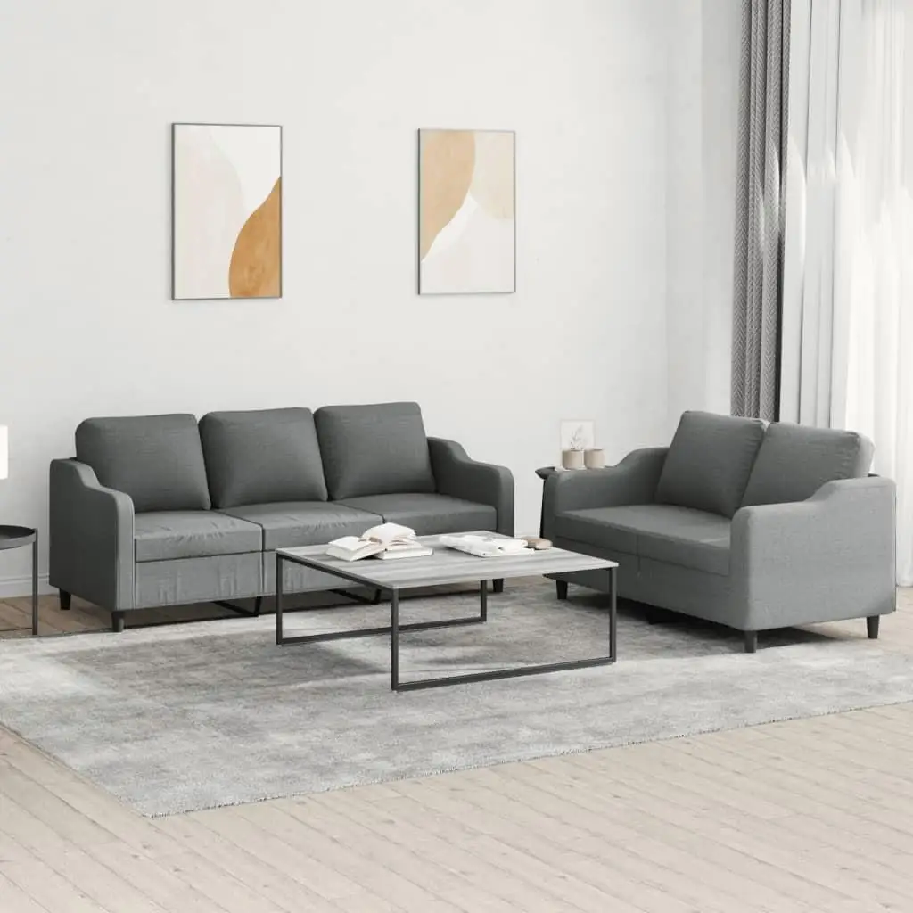 Elegant 2-Piece Dark Gray Fabric Sofa Set with Cushions - Modern Living Room Furniture