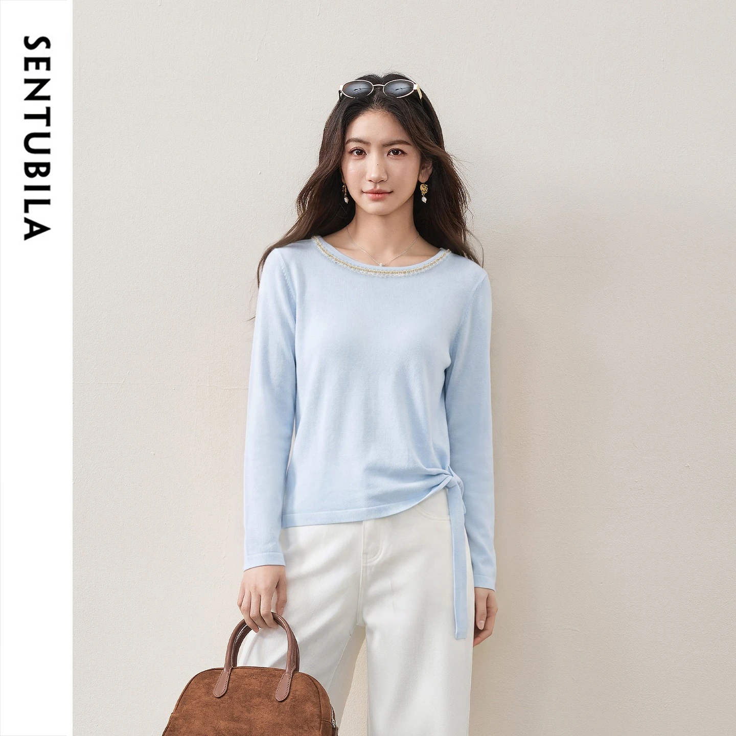 SENTUBILA Women's Soft Skin Knit Top 2026 Autumn Jumpers Luminous Thread Ribbon Crew Neck Long Sleeve Pullover Sweater W63HE8403