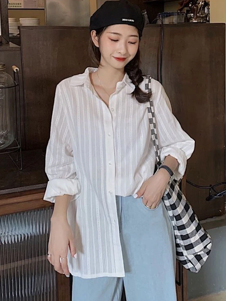 Zoki Casual Korean Striped White Shirt Women Fashion Simple Long Sleeve Loose Blouse Fall Lazy Wind Oversize Chic Sweet Tops New