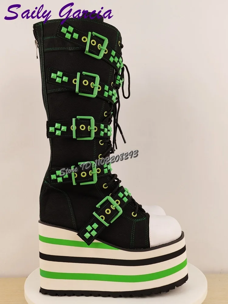 Green Buckle Straps Knee High Boots Punk Patchwork Round Toe Lace-up Platform Boots Fashion Women Lolita Shoes 2025 Autumn New image 4