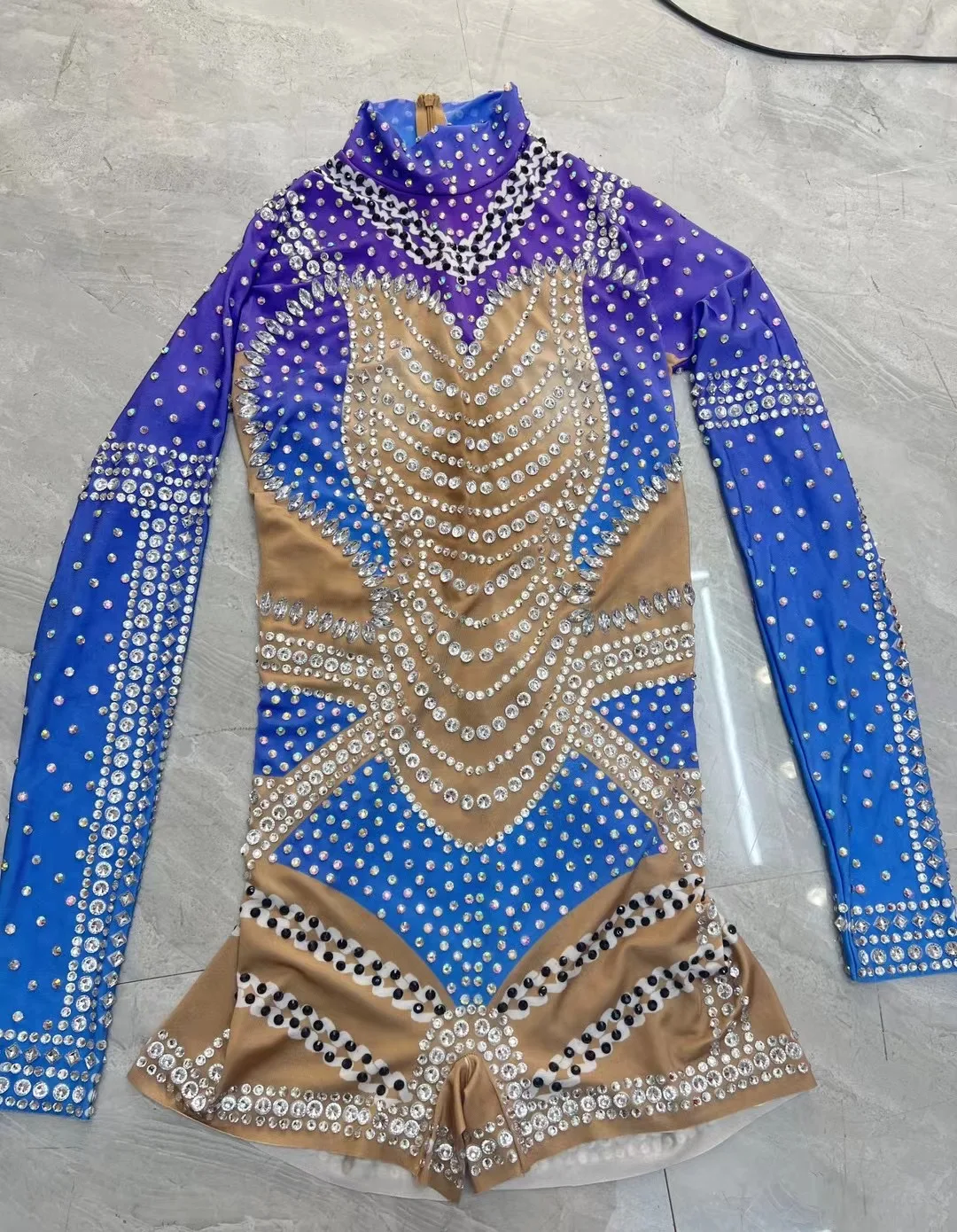 Fashion Design Nude Blue Stretch RhienstonesRompers Birthday Party Bodysuit Women SingelPerformancejumpsuit Costume wanxia  C128