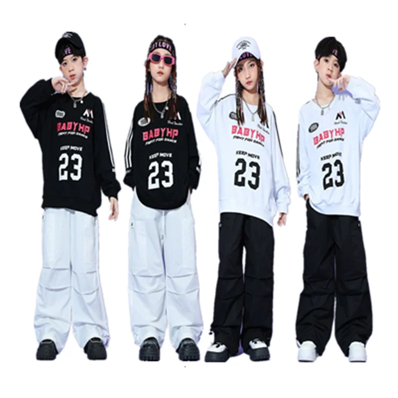 

Kids Boys Girls Streetwear Hip Hop Long Sleeve Football T-shirt Silver Leather Cargo Pant Sets Tracksuit Children Stage Clothing