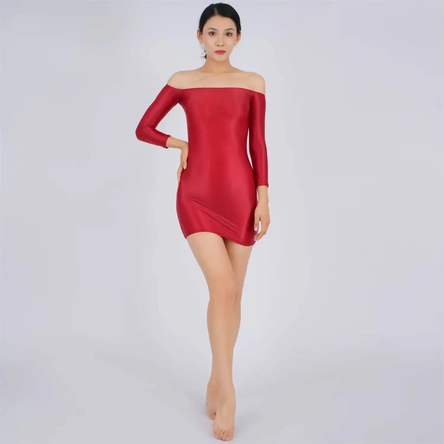 Sexy Glossy Ultra Thin Mini Dress Transparent Sheer See Through Elastic Bodycon Tight Dress