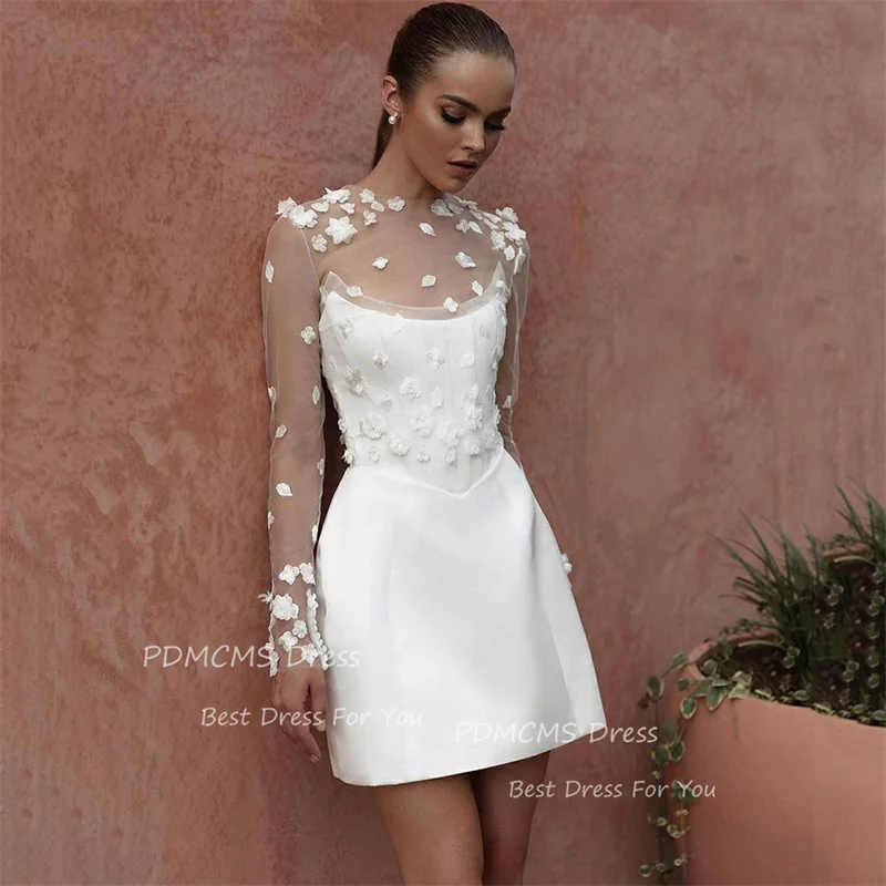 Sexy Solid Satin Short Wedding Dresses High Neck Customized Bridal Gowns 3D Applique Princess Lace Beach Simple Mini Bride Dress