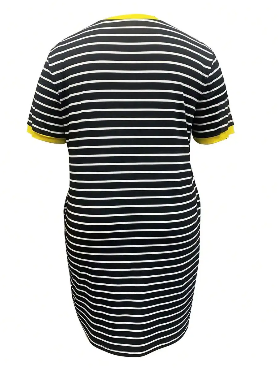 Plus Size Women Striped Contrast T-Shirt Dress Summer Casual