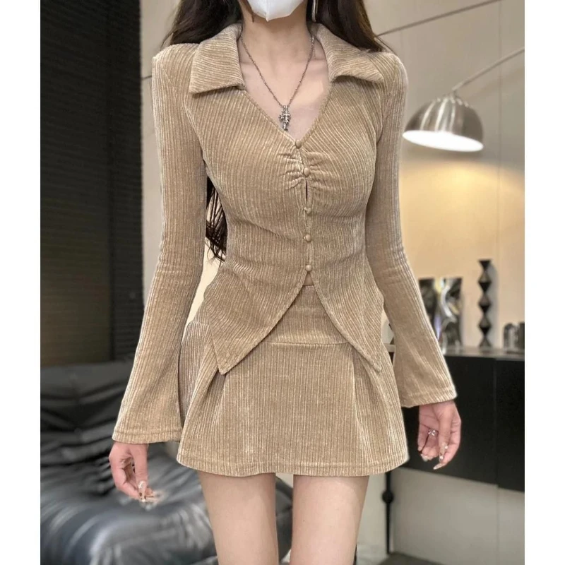 

French style minimalist lapel collar slimming T-shirt+short skirt set women 2025 early autumn new irregular two-piece set