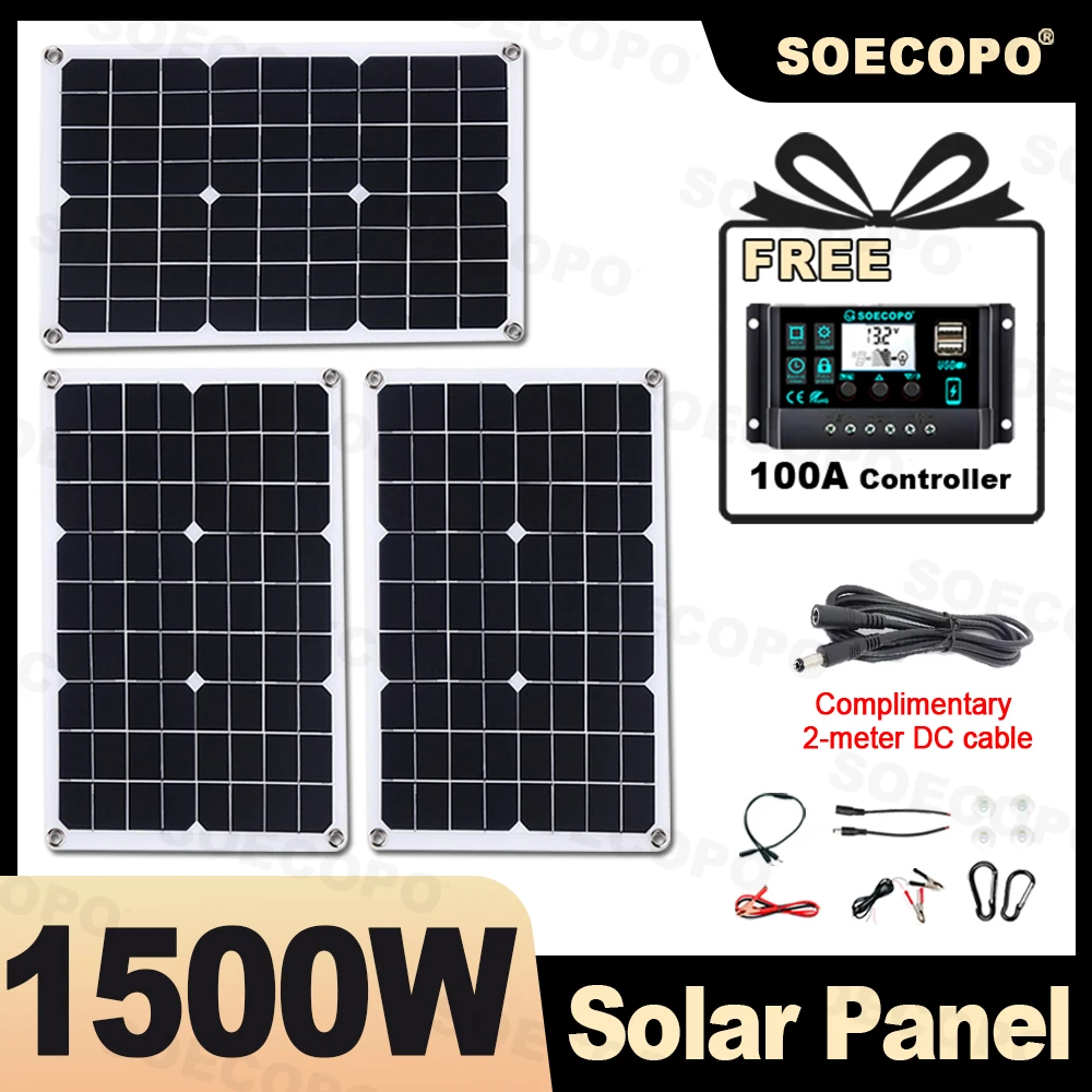 

SOECOPO Portable 1500W Solar Panel Kit - 3 Photovoltaic Panels Free 100A Controller USB 5V for Camping Equipment & Outdoor Trips
